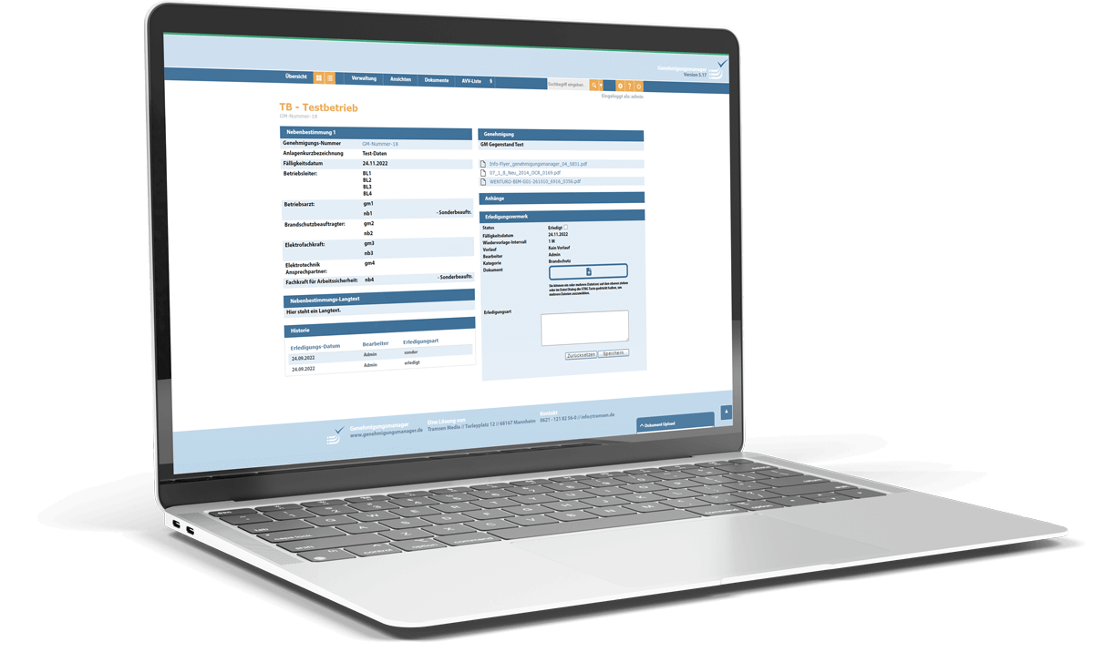 Laptop mit geöffneter Genehmigungsmanager-Software, zeigt die Verwaltung von Nebenbestimmungen